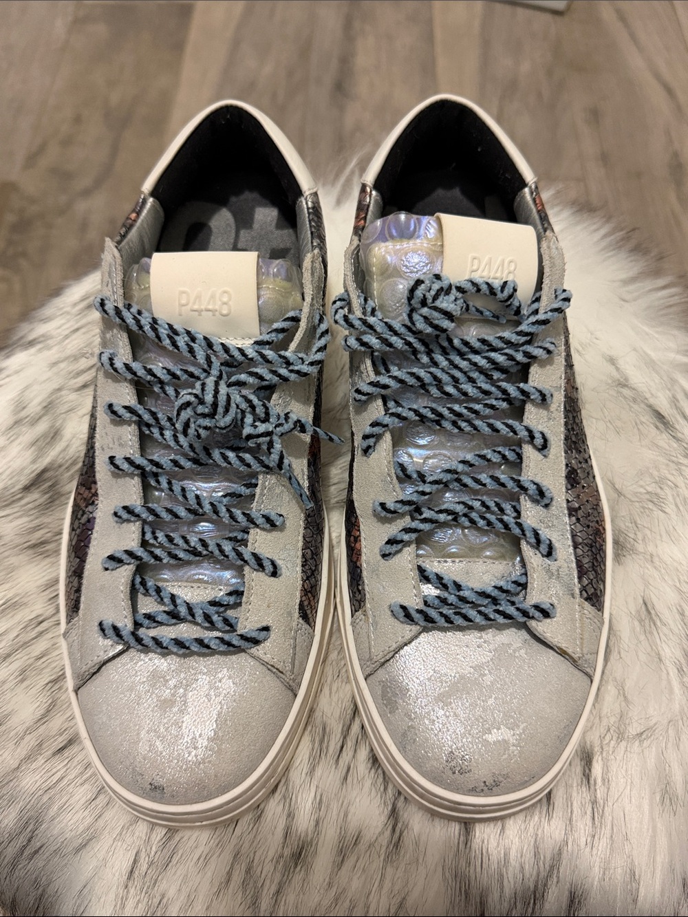 P448 Women's Snake Silver Metallic Sneakers Blue-Black Laces